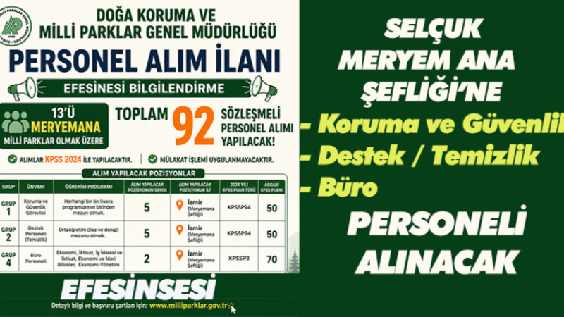 SELÇUK MERYEM ANA ŞEFLİĞİ’NE 13 PERSONEL ALINACAK